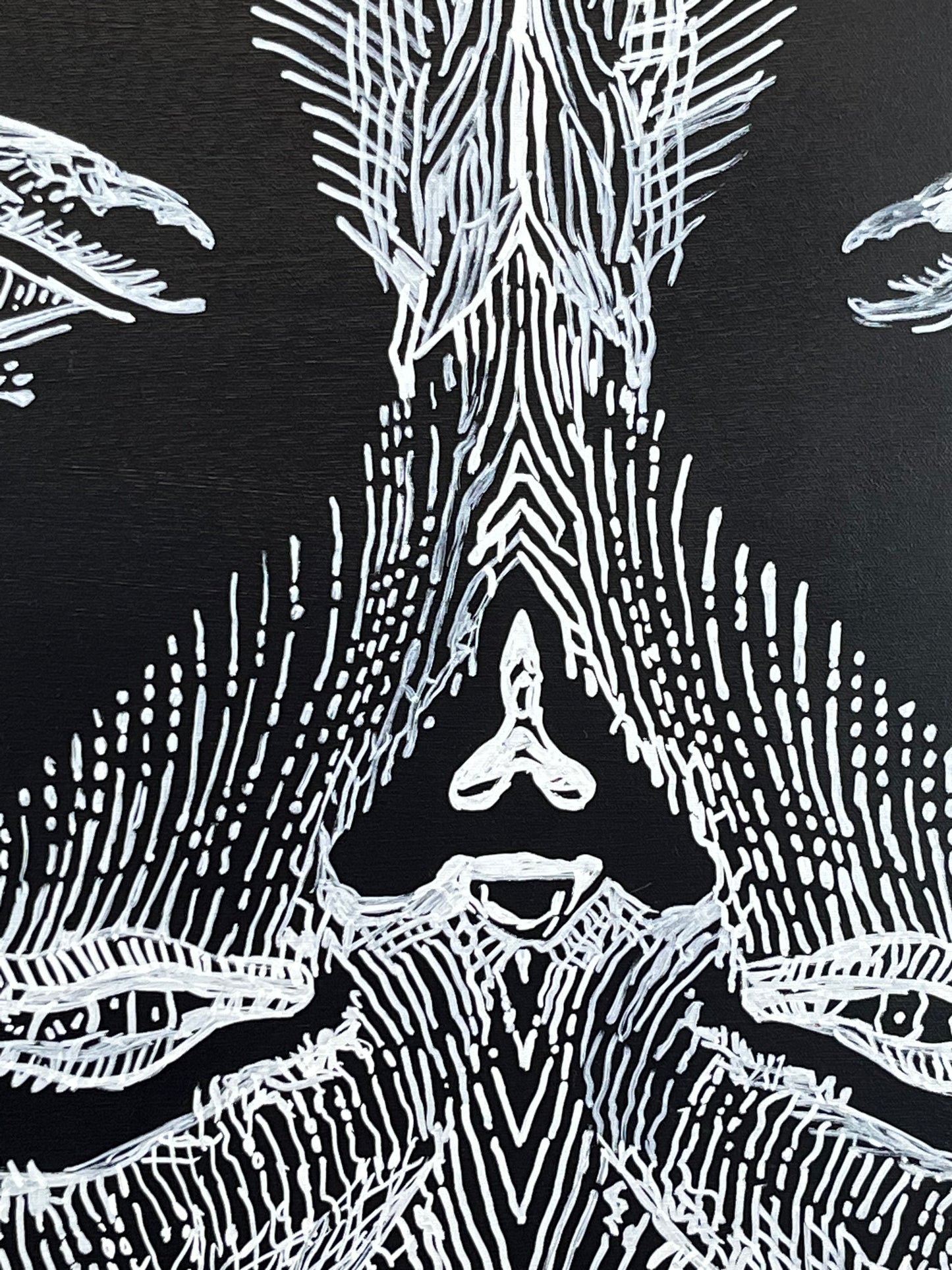Gazing at your Own Fear. Acrylic and Oil Markers on Canvas. 24" x 36". John Kline Artwork. Black and White Painting