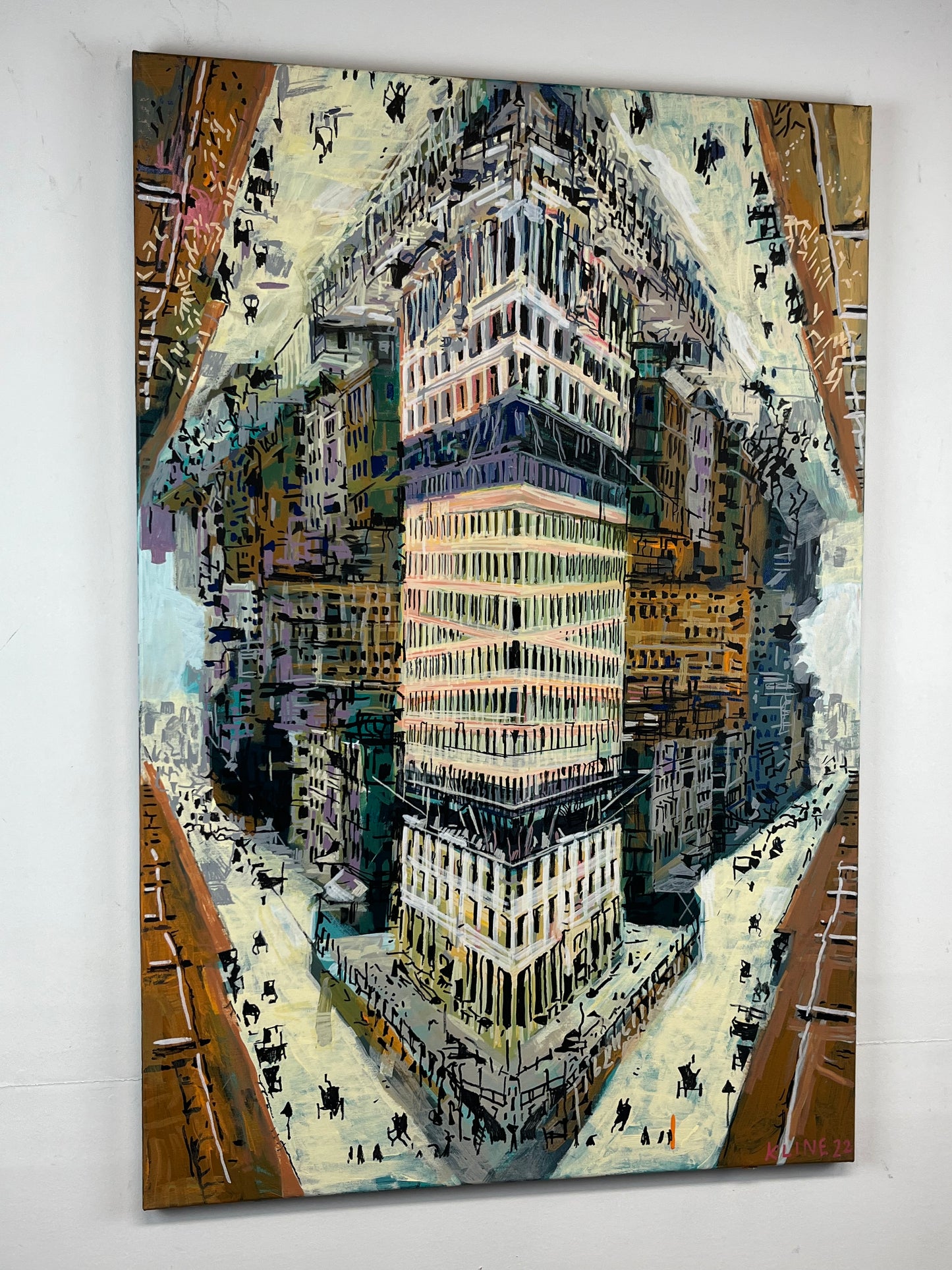 (SOLD) The Flat Iron Building. Acrylic and Oil Markers on Canvas. 24" x 36". John Kline Artwork
