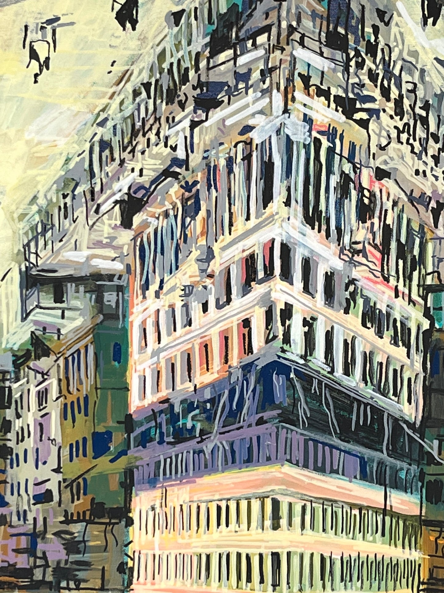 (SOLD) The Flat Iron Building. Acrylic and Oil Markers on Canvas. 24" x 36". John Kline Artwork
