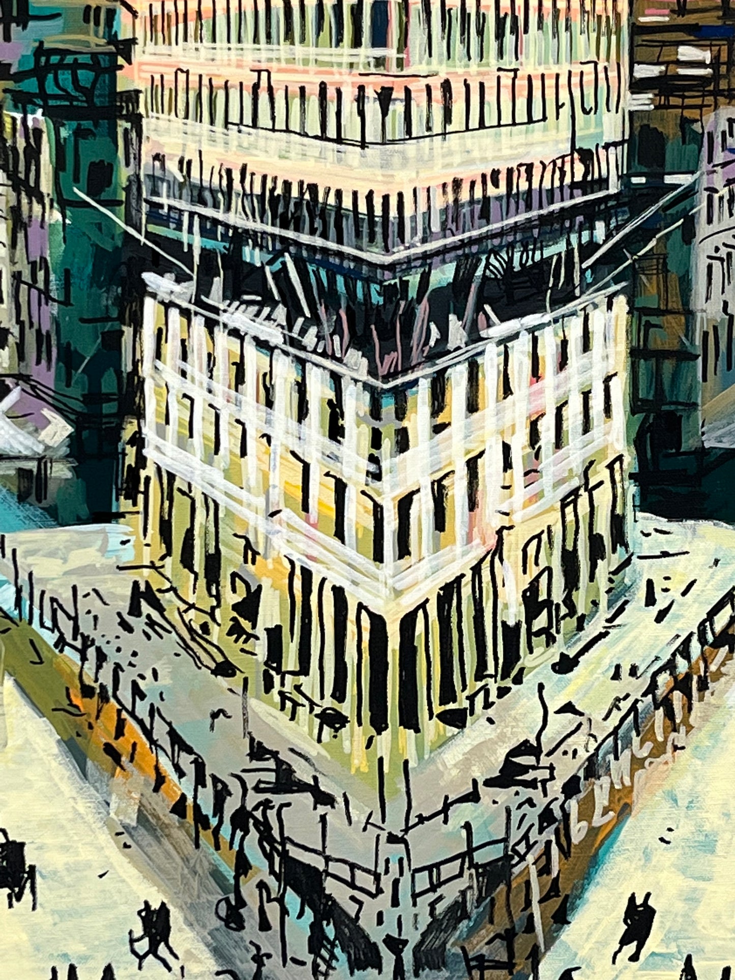 (SOLD) The Flat Iron Building. Acrylic and Oil Markers on Canvas. 24" x 36". John Kline Artwork