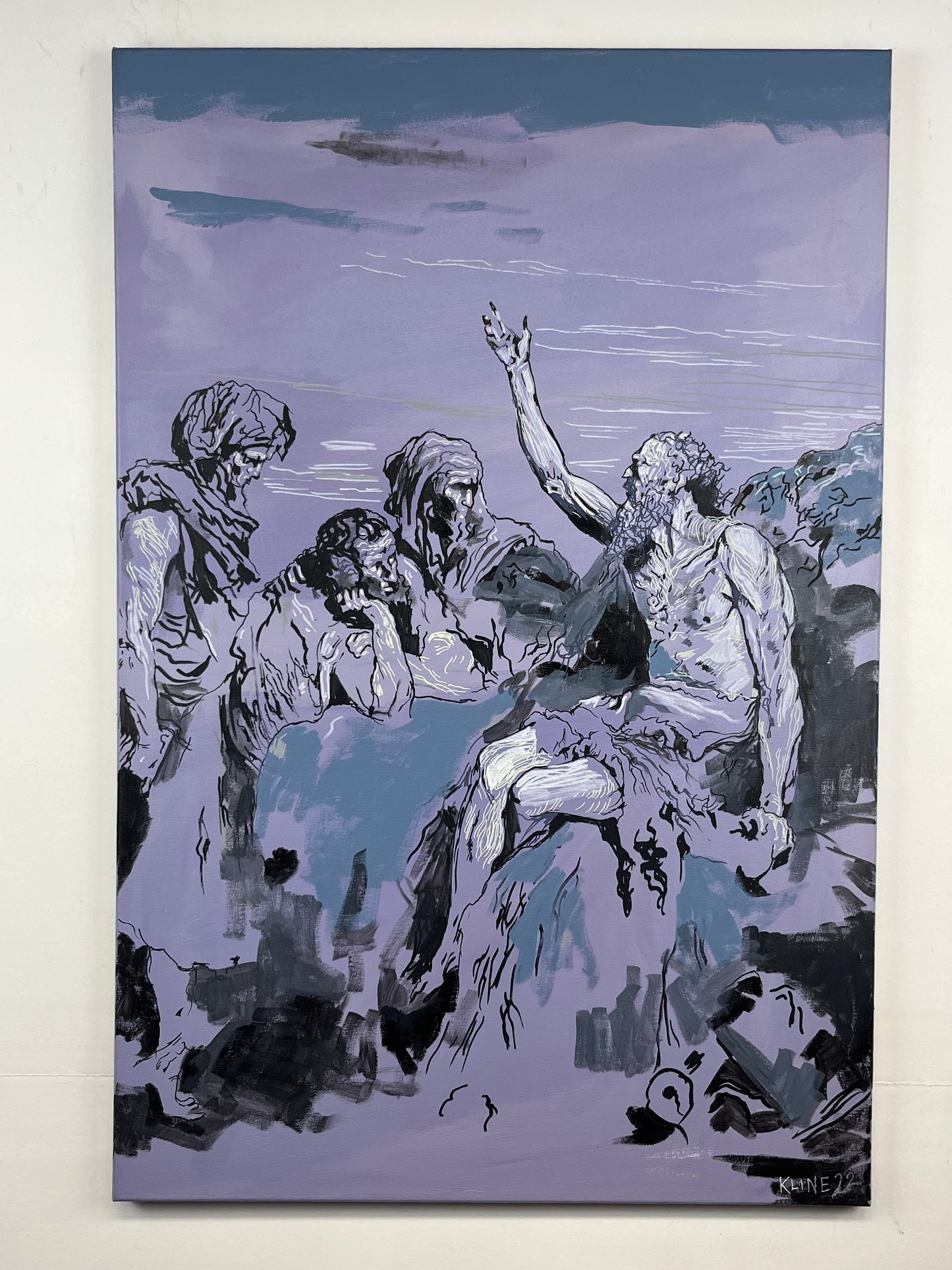Job and his Friends (after Gustave Dore). Acrylic and Oil Markers on Canvas. 24" x 36". John Kline Artwork.