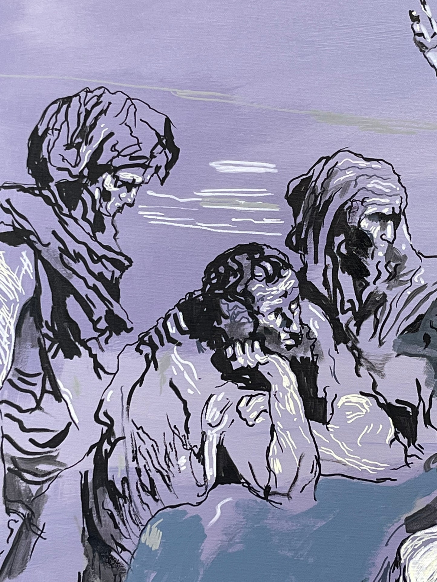 Job and his Friends (after Gustave Dore). Acrylic and Oil Markers on Canvas. 24" x 36". John Kline Artwork.