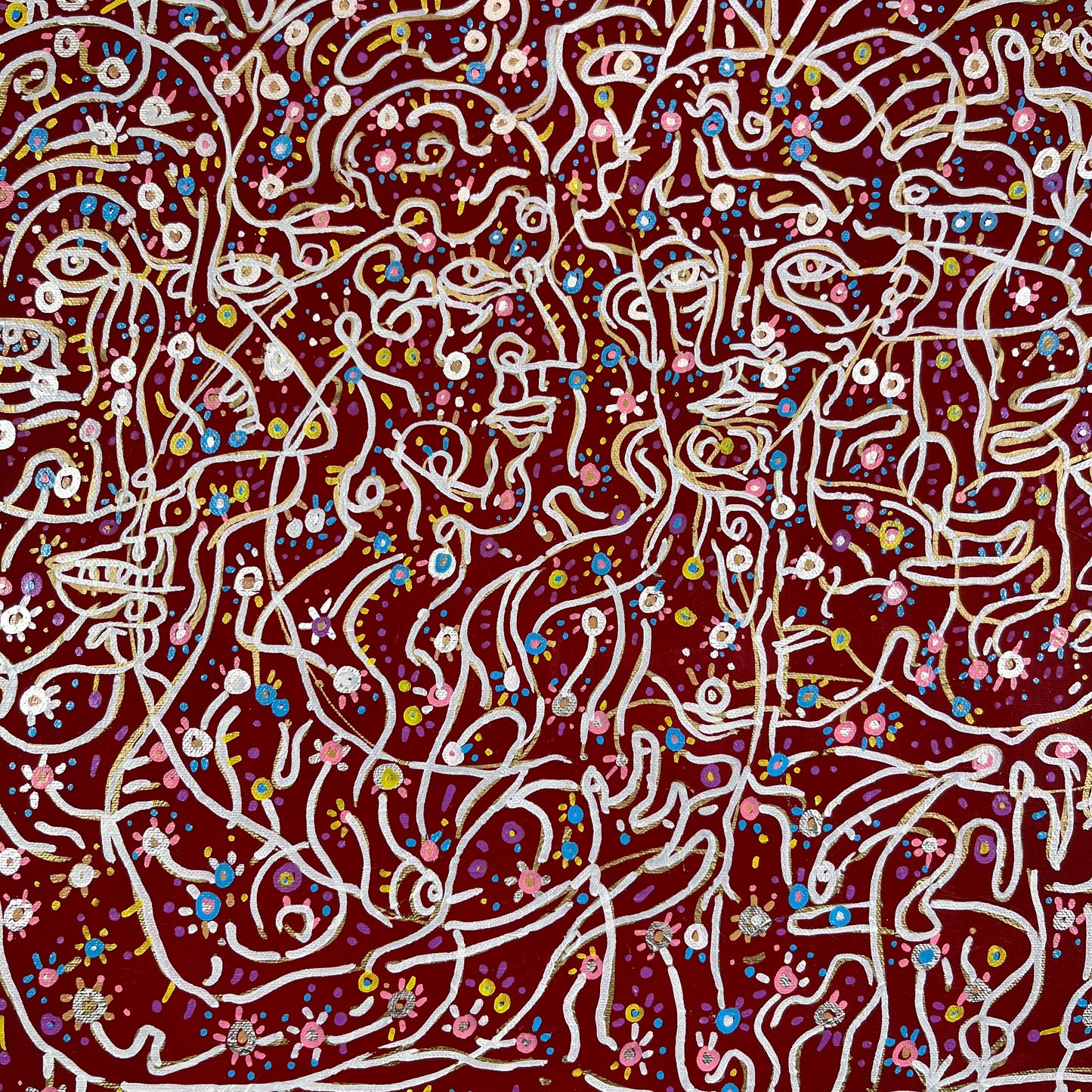 Gardens Mirrored by Eyes. Oil on Canvas. 24" x 24". John Kline Artwork. Abstract Red Medium Painting