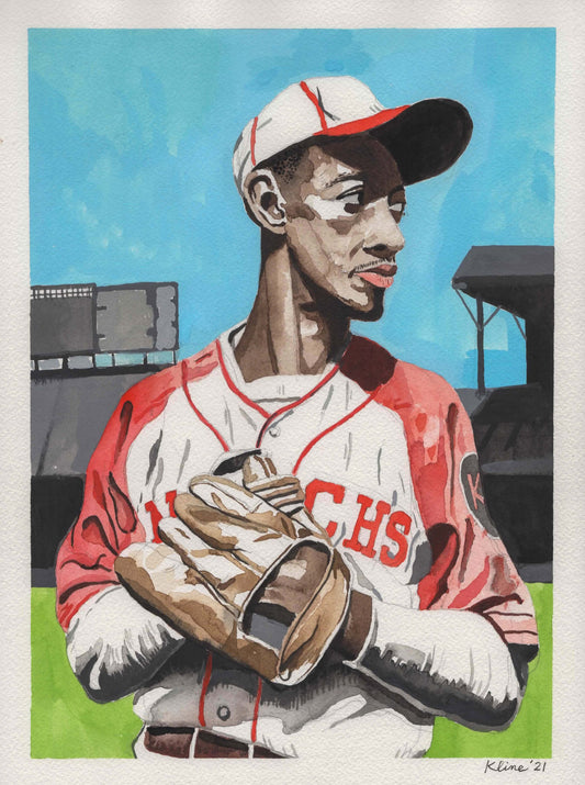 Satchel Paige. Kansas City Monarchs. watercolor and gouache on watercolor paper. 9" x 12"