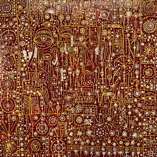 Twists in the New Gas. Enamel and Oil Markers on Canvas. 30" x 30". John Kline Artwork. Red Line Expressionist Abstract Painting