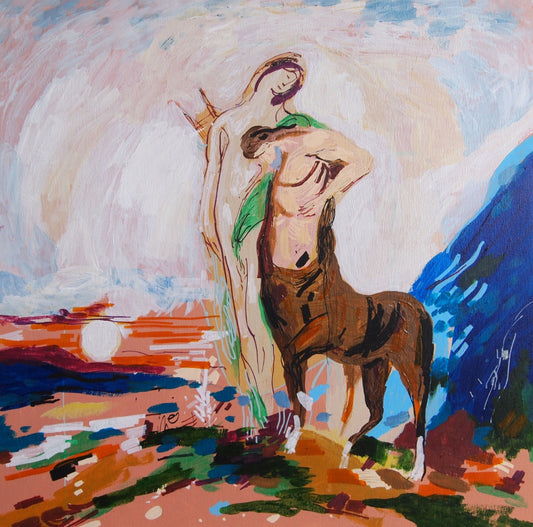 Dead Poet Borne by Centaur. Acrylic on Wood. 16" x 16" x 1". Gustave Moreau Painting