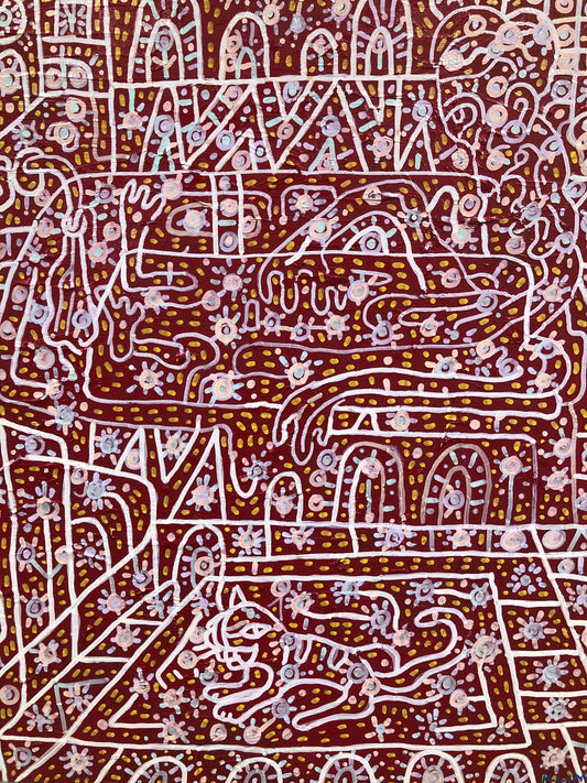 In the Tub. Oil and paint markers on wood. 16” x 20”