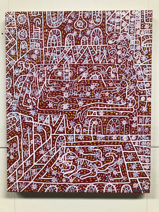 In the Tub. Oil and paint markers on wood. 16” x 20”