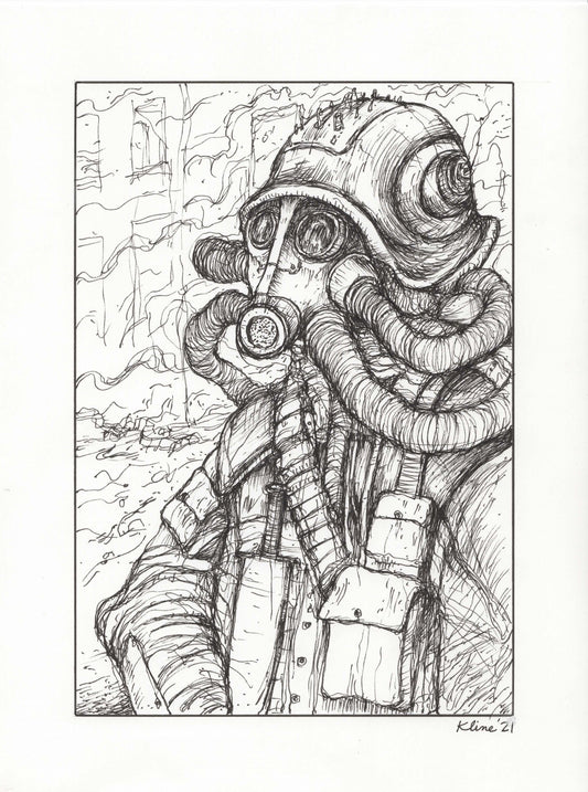 Helmet. Original ink drawing. 9" x 12". Steampunk. Inktober.