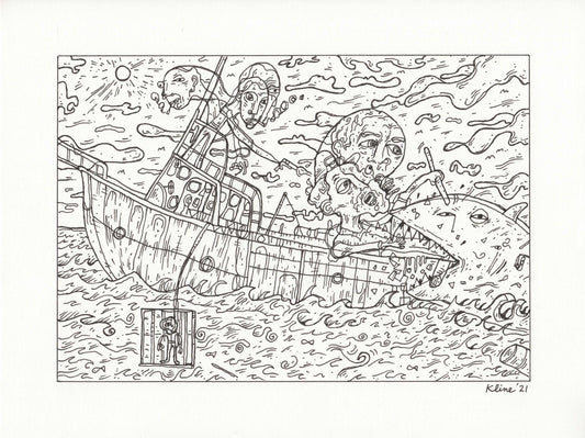 Vessel. Original Ink Drawing on Paper. 9" x 12". Inktober. Jaws. shark. fisherman. scuba diving. art. illustration. John Kline. Kansas City