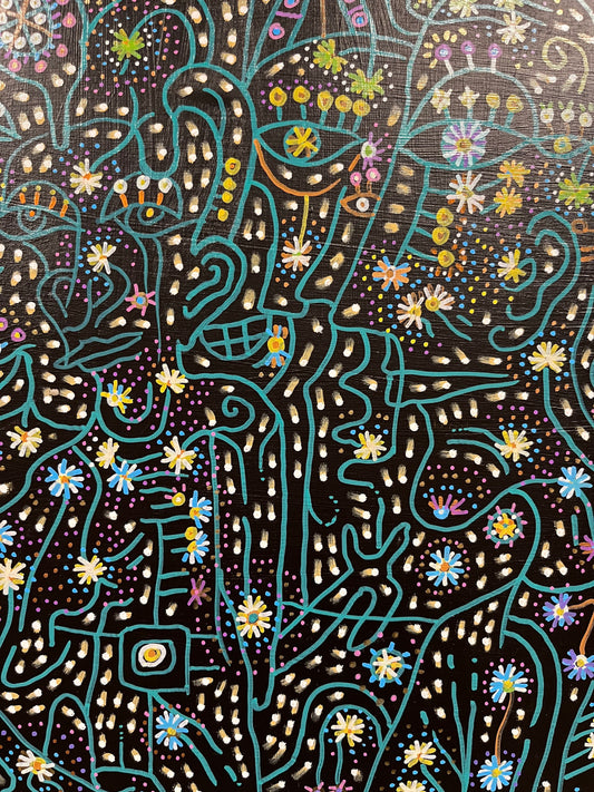 Drifting in Silence. Acrylic and oil on wood. 16” x 20” Modern art. John Kline. Wall decor. Interior design. Black. Purple. Line gift