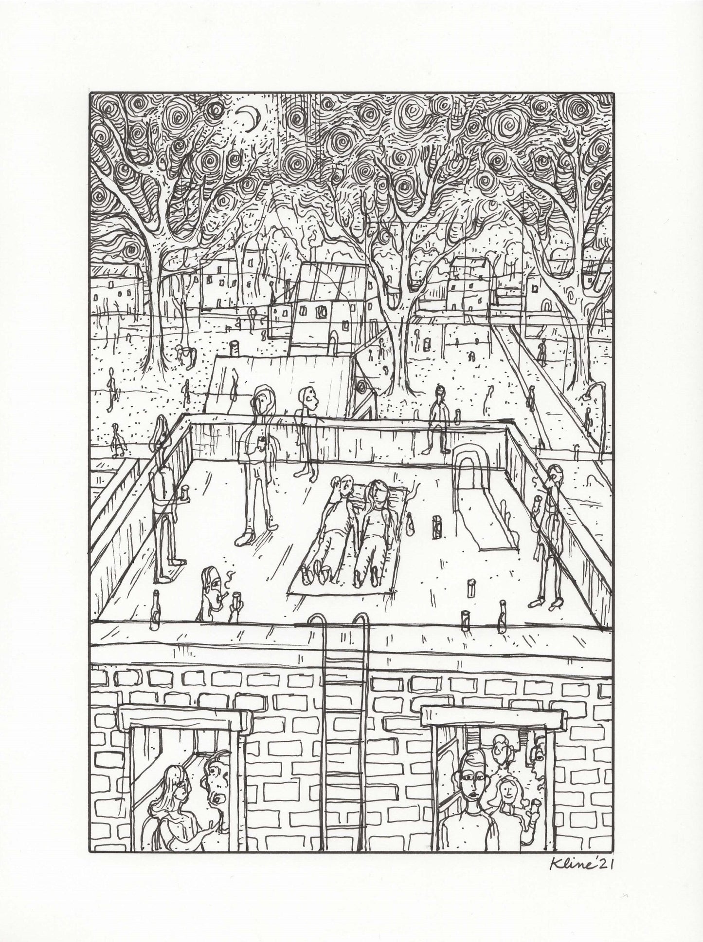 Roof. Original Ink Drawing. 9" x 12". Inktober.