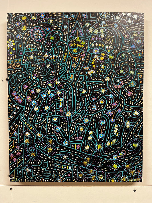 Drifting in Silence. Acrylic and oil on wood. 16” x 20” Modern art. John Kline. Wall decor. Interior design. Black. Purple. Line gift