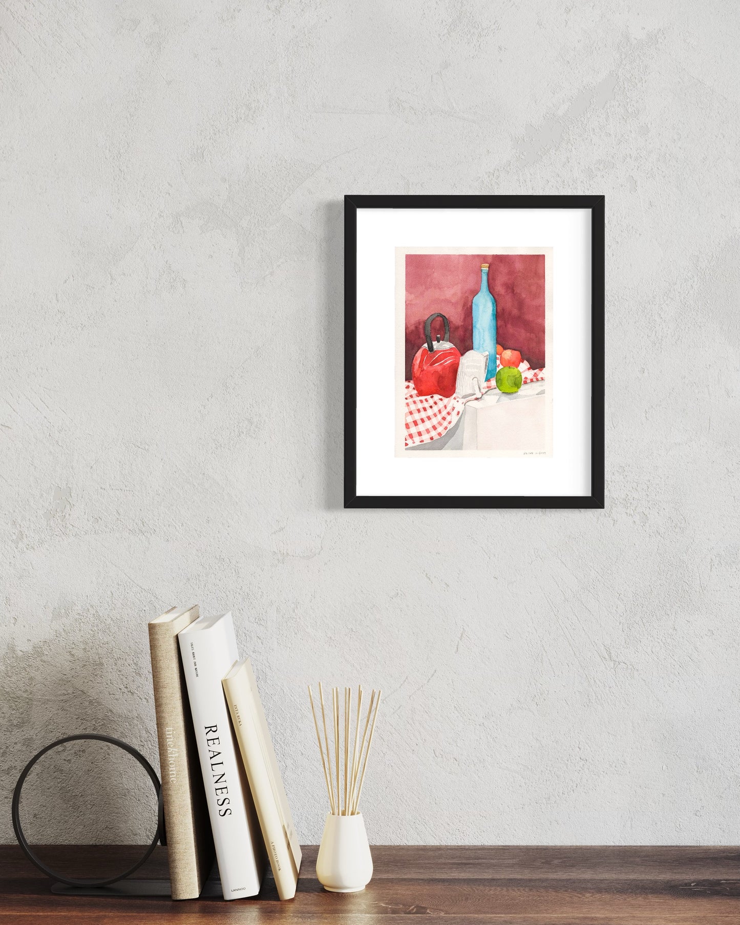 Still-Life of Bottle, Kettle and Apples. Watercolor. 9" x 12". John Kline Artwork
