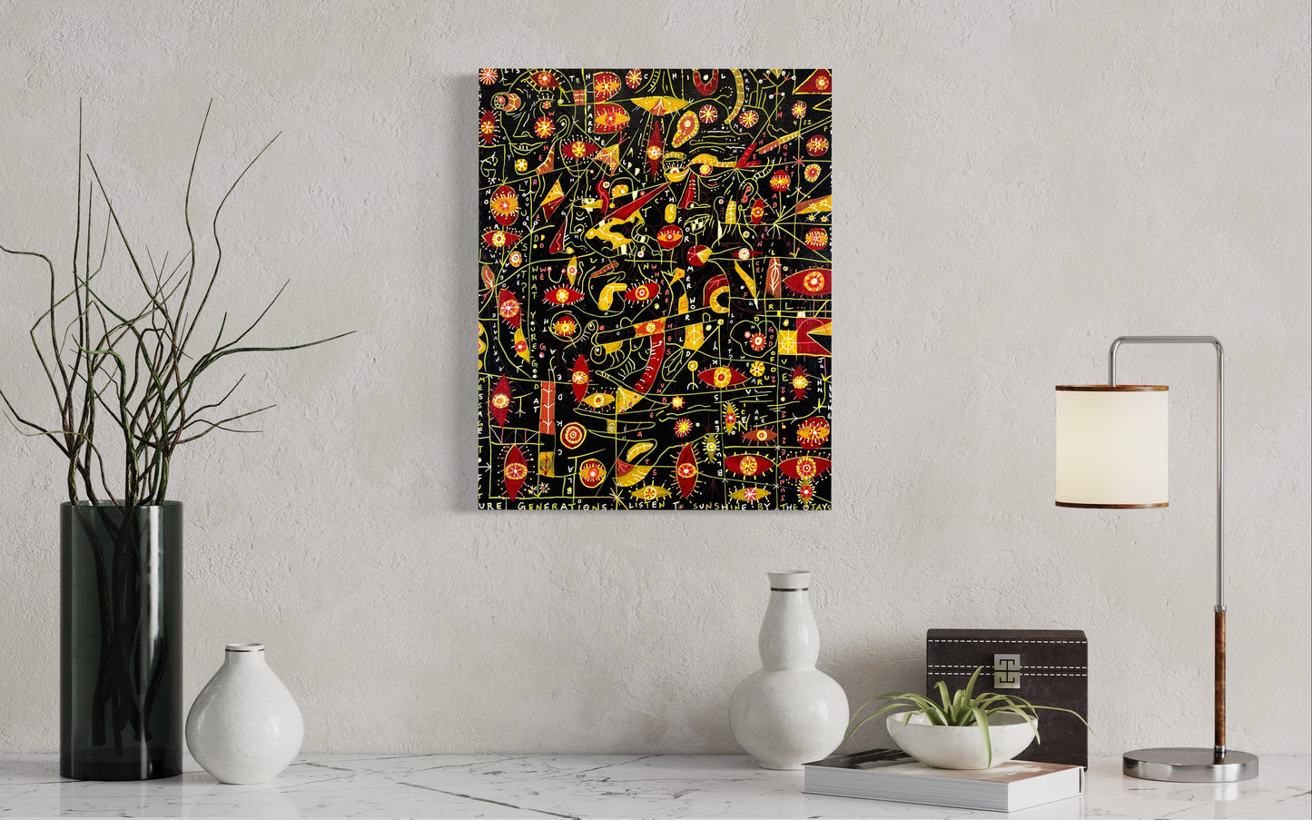 The Nurse and Herodias. 16" x 20" x 1.5". Acrylic on Canvas. John Kline Artwork. Abstract Black Red Yellow Painting Modern