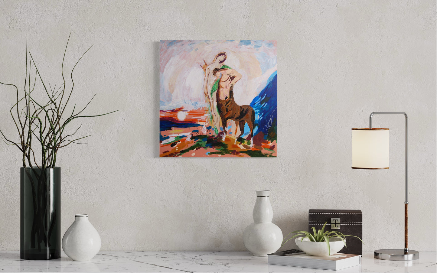 Dead Poet Borne by Centaur. Acrylic on Wood. 16" x 16" x 1". Gustave Moreau Painting