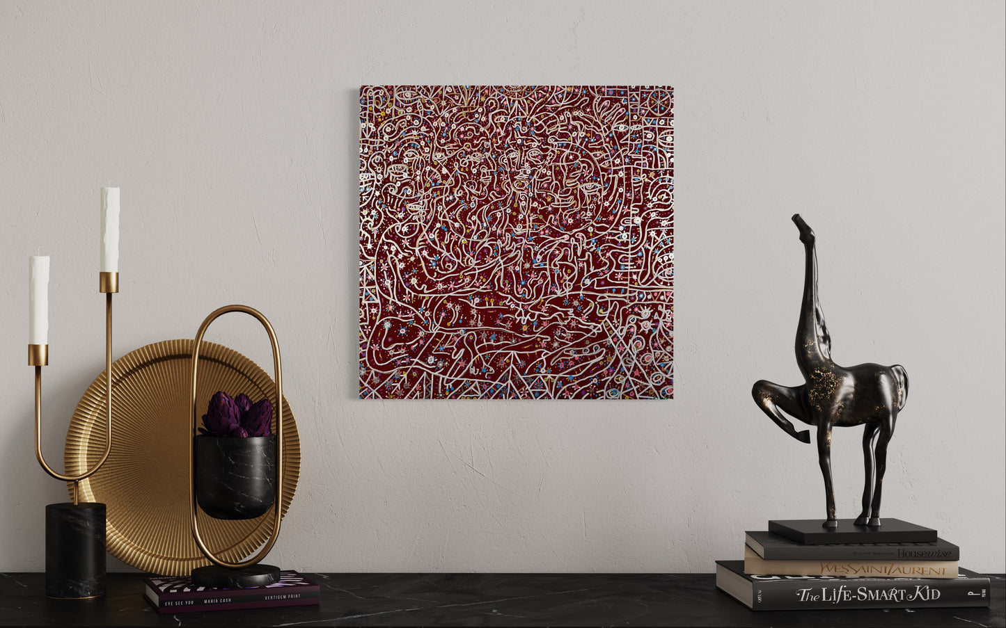 Gardens Mirrored by Eyes. Oil on Canvas. 24" x 24". John Kline Artwork. Abstract Red Medium Painting