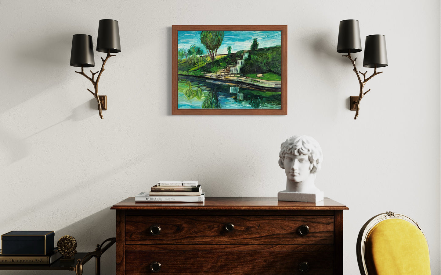 Waterfall next to Brush Creek in Kansas City. Oil on Canvas. 24" x 18". John Kline Artwork. landscape painting.