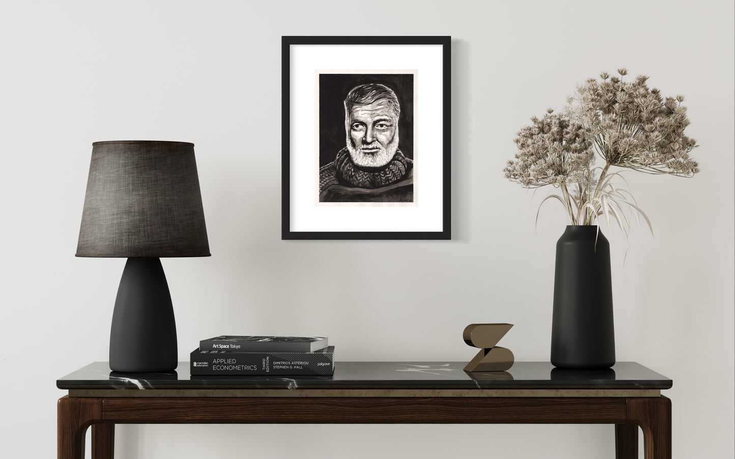 Ernest Hemingway. Ink Wash on Paper. 9" x 12". Original. painting. watercolor. black. white. Key West. art. small portrait. writer. person.