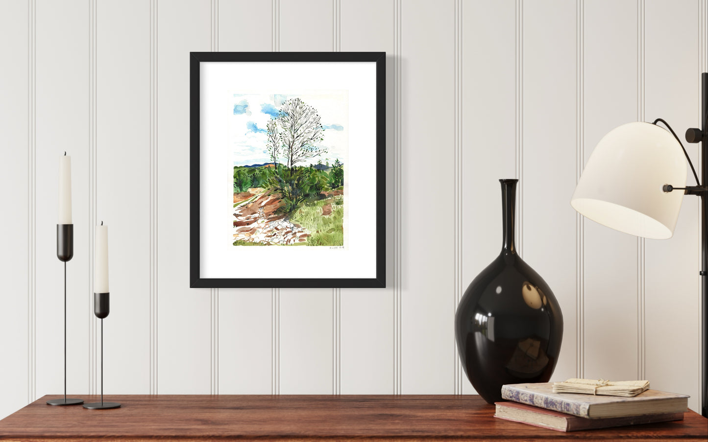 Tree in Santa Fe, New Mexico. Watercolor on Paper. 9" x 12". Painting landscape desert mountains John Kline gouache wall decor gifts art