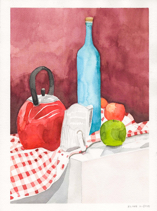Still-Life of Bottle, Kettle and Apples. Watercolor. 9" x 12". John Kline Artwork