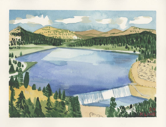 Evergreen Dam and Lake, Bear Creek Canyon, Colorado. Watercolor. 10" x 8". John Kline Artwork