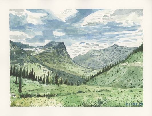 Mountains in Glacier National Park, Montana. Watercolor. 10" x 8". John Kline Artwork