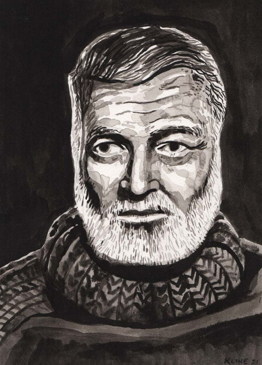 Ernest Hemingway. Ink Wash on Paper. 9" x 12". Original. painting. watercolor. black. white. Key West. art. small portrait. writer. person.