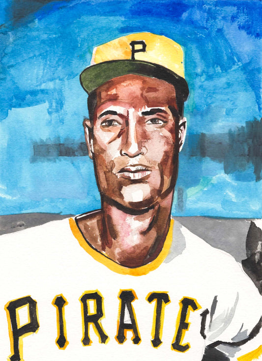 Roberto Clemente. Pittsburgh Pirates. Watercolor and Gouache on Paper. 9" x 12"