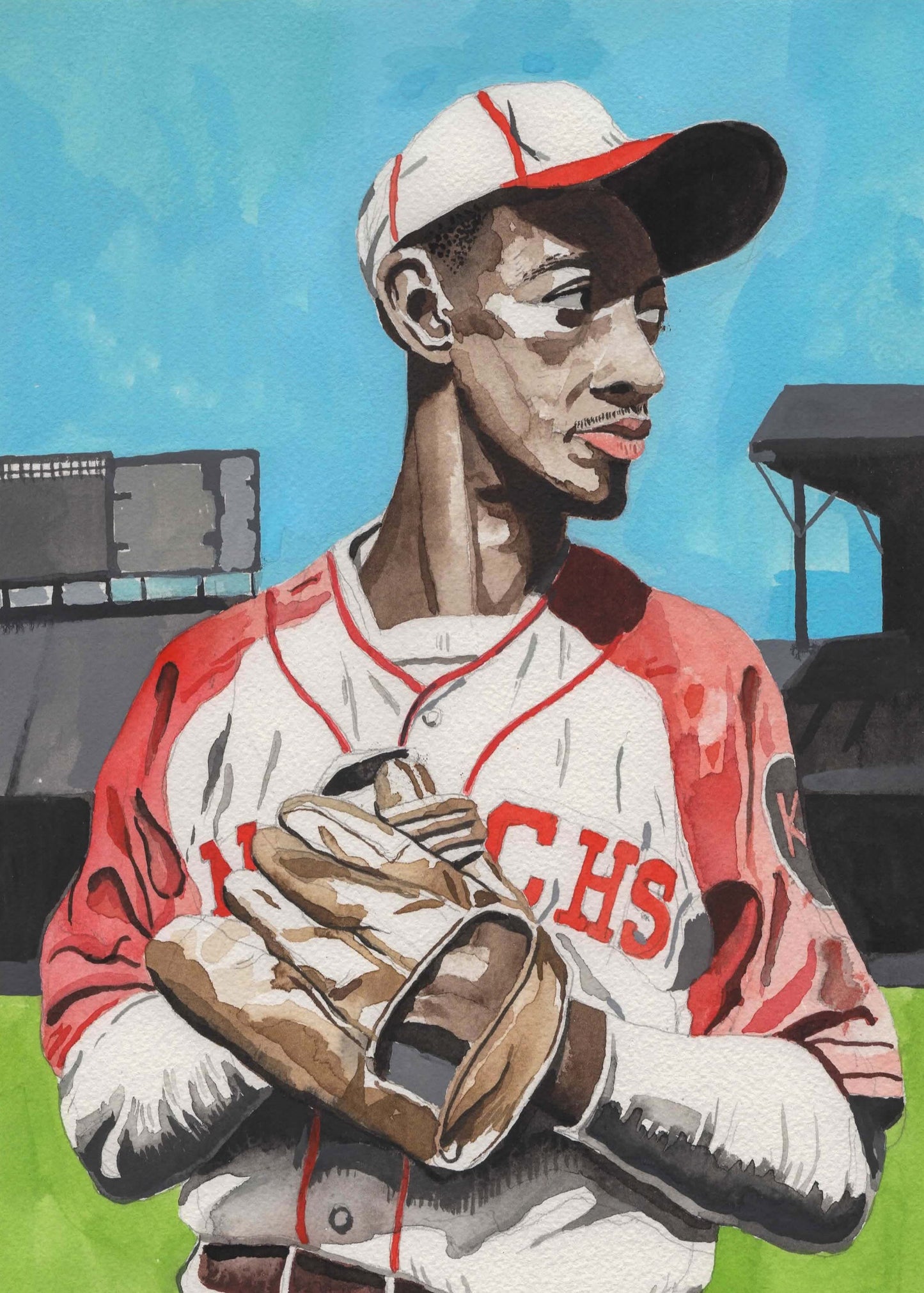 Satchel Paige. Kansas City Monarchs. watercolor and gouache on watercolor paper. 9" x 12"