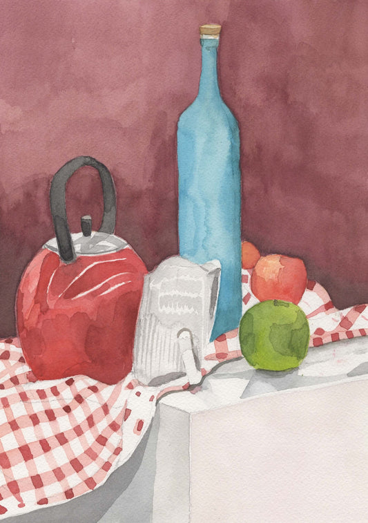 Still-Life of Bottle, Kettle and Apples. Watercolor. 9" x 12". John Kline Artwork