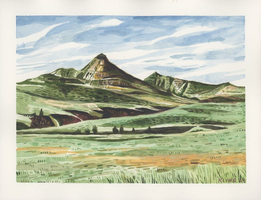 Chimney Butte on Roosevelt's Old Ranch near Medora, North Dakota. Watercolor. 10" x 8". John Kline Artwork