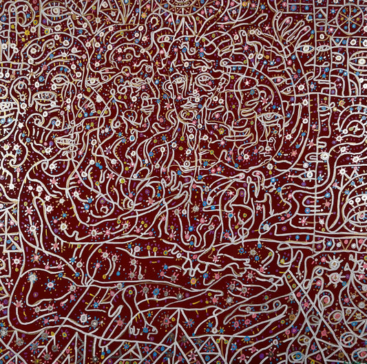 Gardens Mirrored by Eyes. Oil on Canvas. 24" x 24". John Kline Artwork. Abstract Red Medium Painting