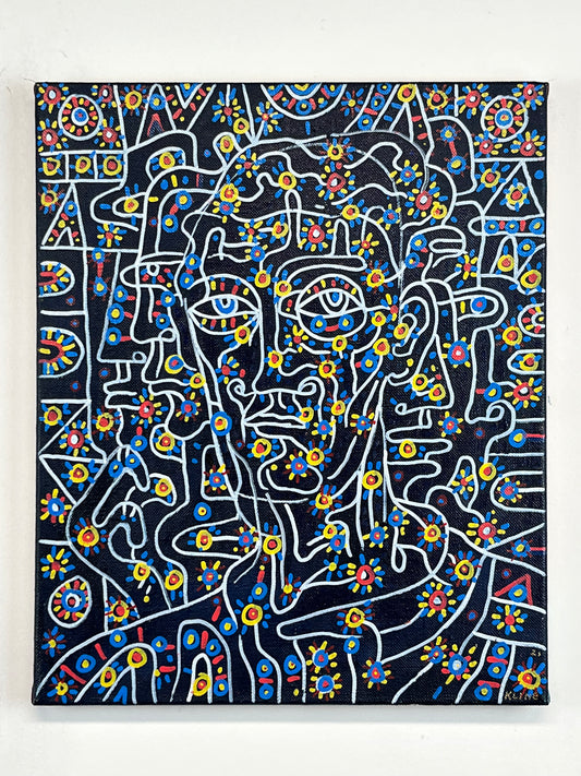 Self-Portrait. Oil and Oil Markers on Linen. 15" x 18". John Kline Artwork. Blue Yellow Red Painting