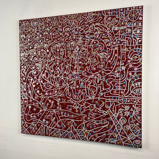 Gardens Mirrored by Eyes. Oil on Canvas. 24" x 24". John Kline Artwork. Abstract Red Medium Painting