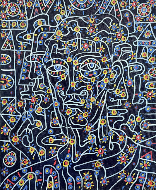 Self-Portrait. Oil and Oil Markers on Linen. 15" x 18". John Kline Artwork. Blue Yellow Red Painting